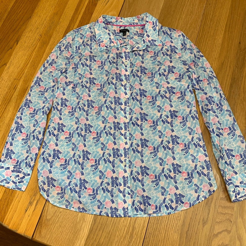 Talbots Womens Medium Blue Pink Floral Cotton Button Down Shirt Long Sleeve M